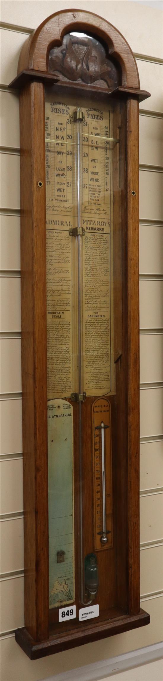 A 19th century oak Admiral Fitzroy barometer by Mansfield, Shaftsbury, with paper scales Height 104cm